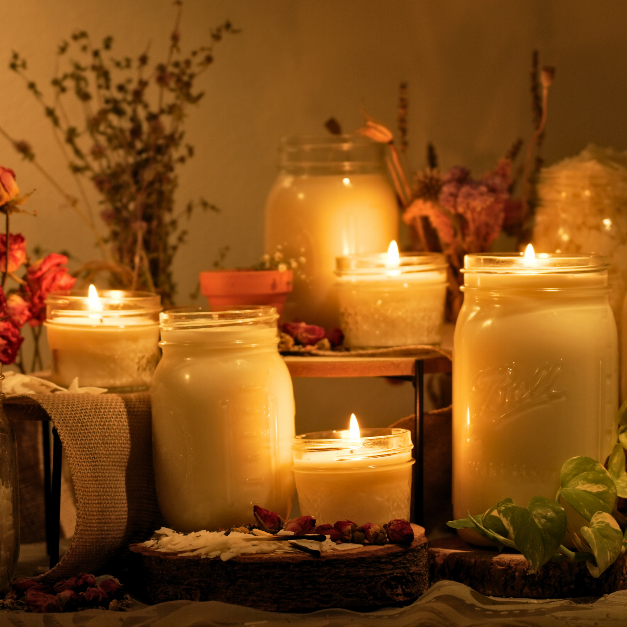 Candles in jars with flowers and decorative elements on a table