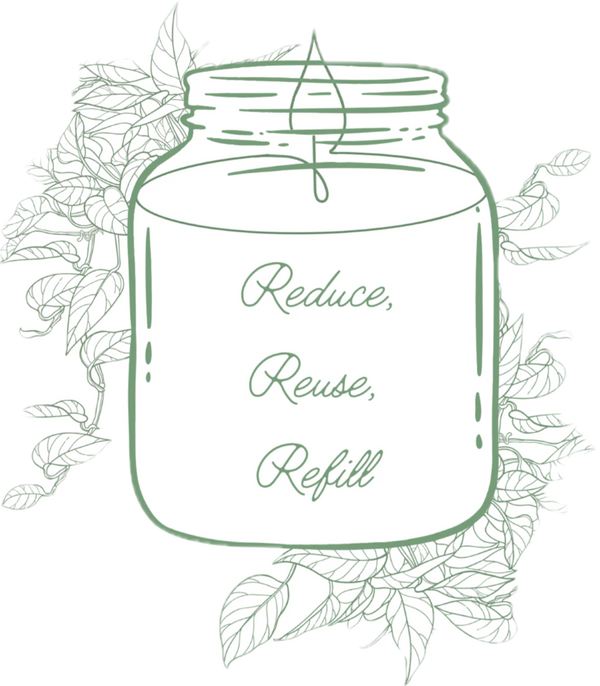 Outline of a mason jar with 'Reduce, Reuse, Refill' text surrounded by leaves on a white background